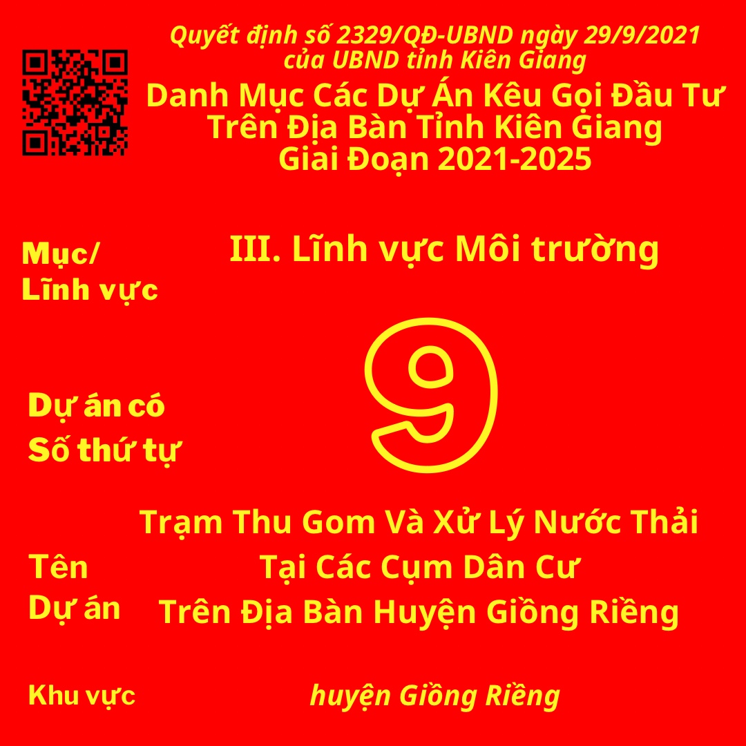 Dự Án Có Số TT 9: Trạm Thu Gom Và Xử Lý Nước Thải Tại Các Cụm Dân Cư Trên Địa Bàn Huyện Giồng Riềng