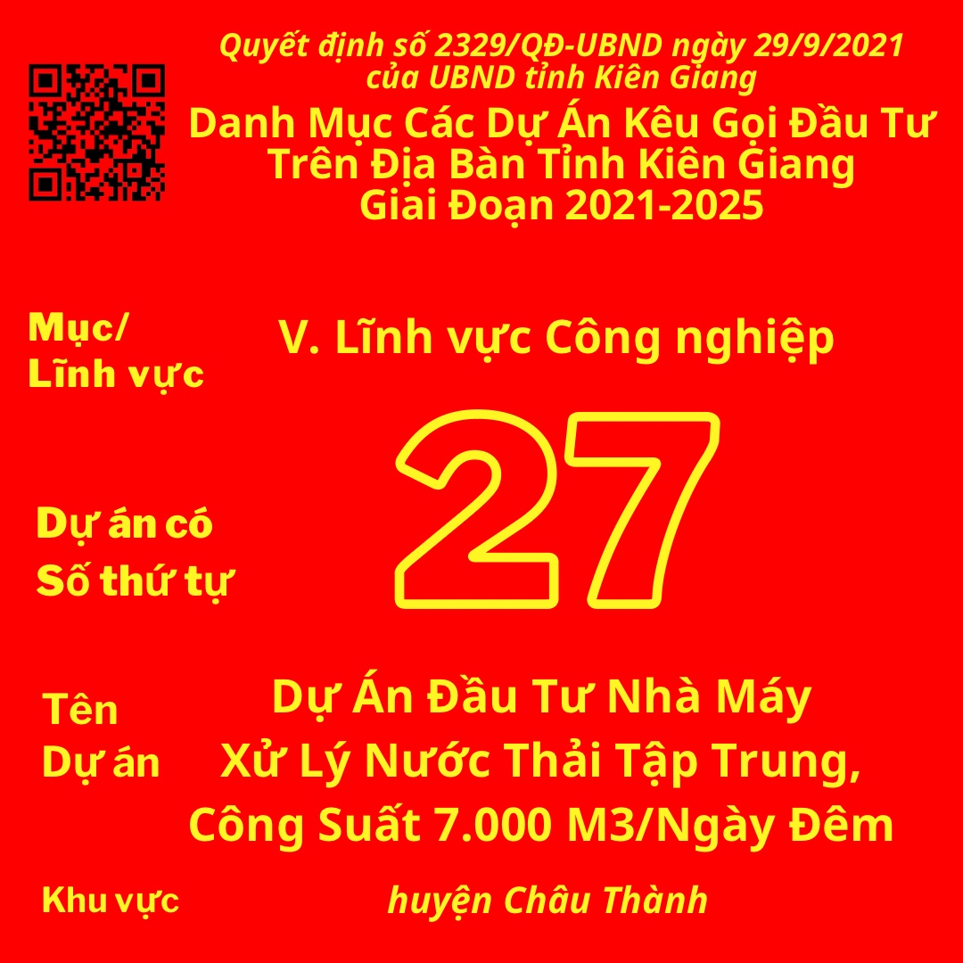 Dự Án Có Số TT 27: Dự Án Đầu Tư Nhà Máy Xử Lý Nước Thải Tập Trung, Công Suất 7.000 M3/Ngày Đêm