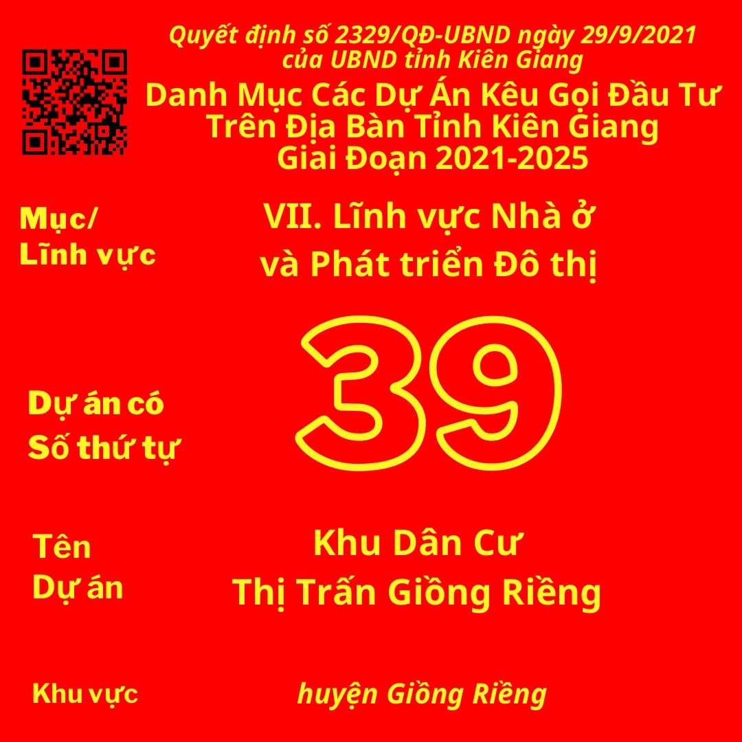 Dự Án Có Số TT 39: Khu Dân Cư Thị Trấn Giồng Riềng