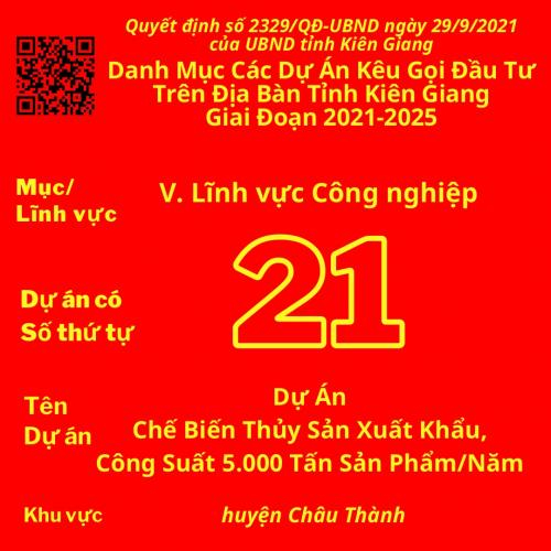 Dự Án Có Số TT 21: Dự Án Chế Biến Thủy Sản Xuất Khẩu, Công Suất 5.000 Tấn Sản Phẩm/Năm